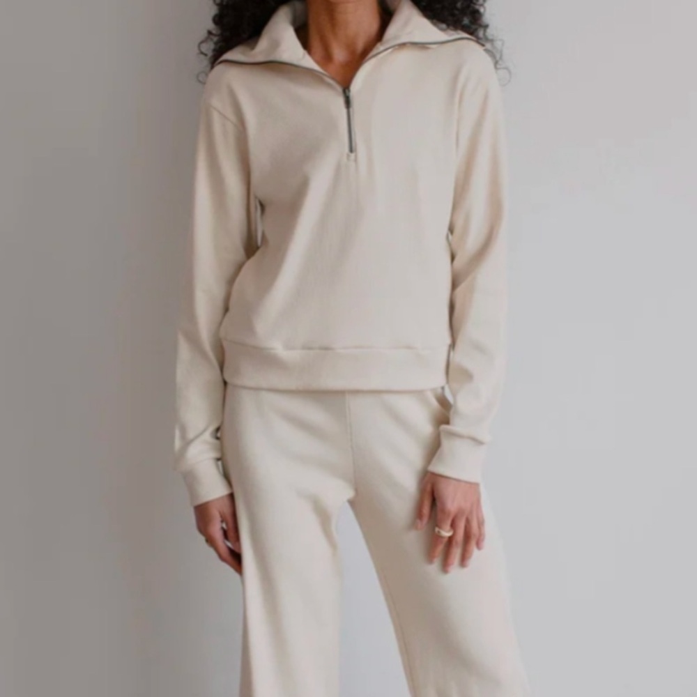 Noble Organic Cotton Ribbed Quater Zip Cream Sweatshirt XS